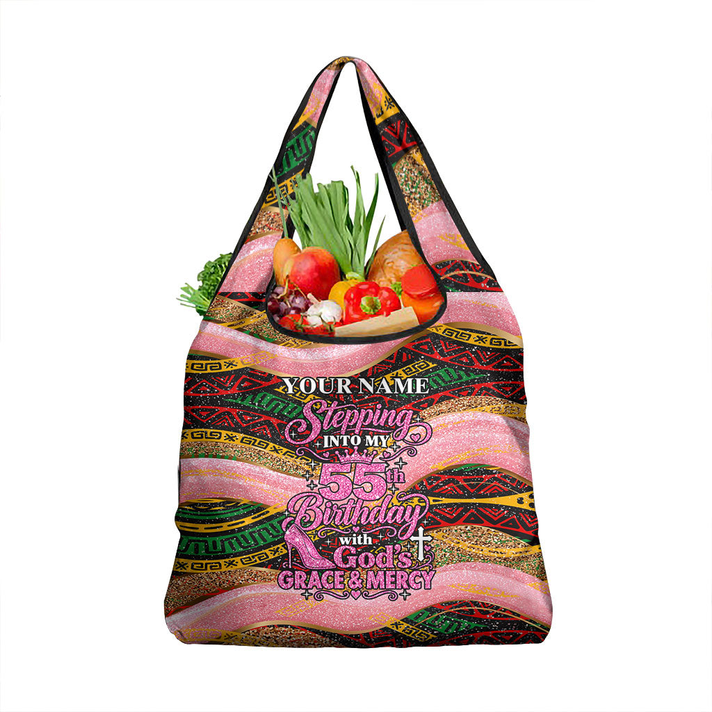 Personalized African Queen Stepping Into My 55th Birthday Grocery Bag Pink Sparkle Glitter Tribal Kente