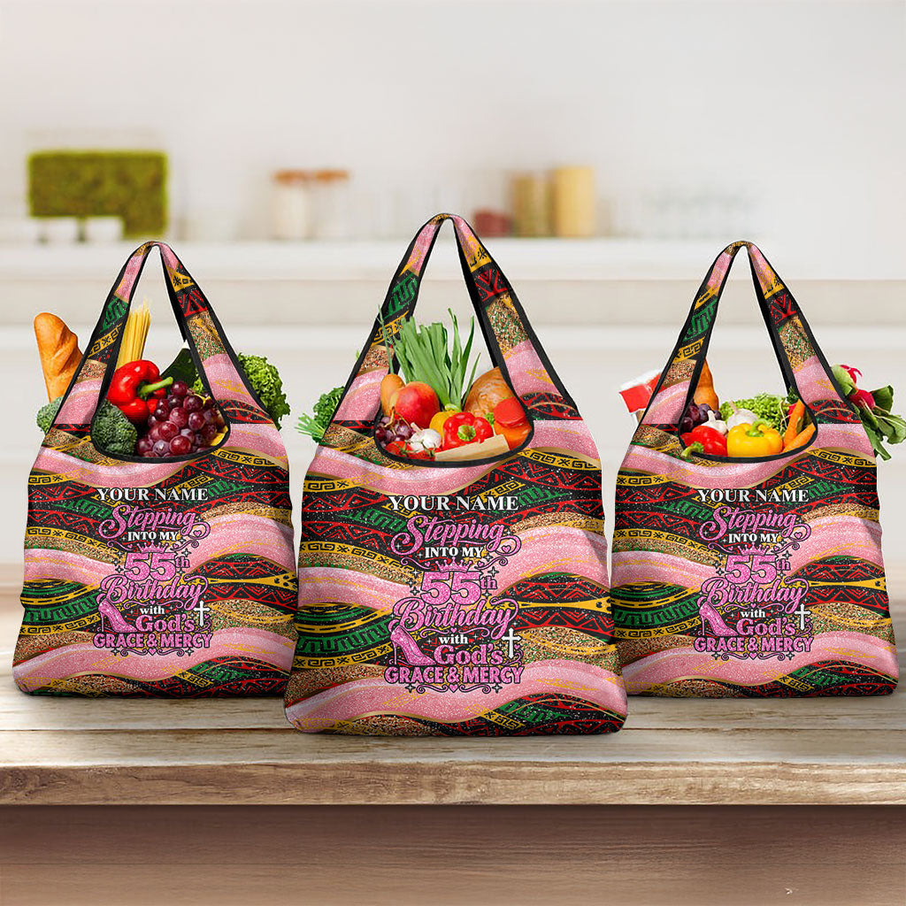 Personalized African Queen Stepping Into My 55th Birthday Grocery Bag Pink Sparkle Glitter Tribal Kente