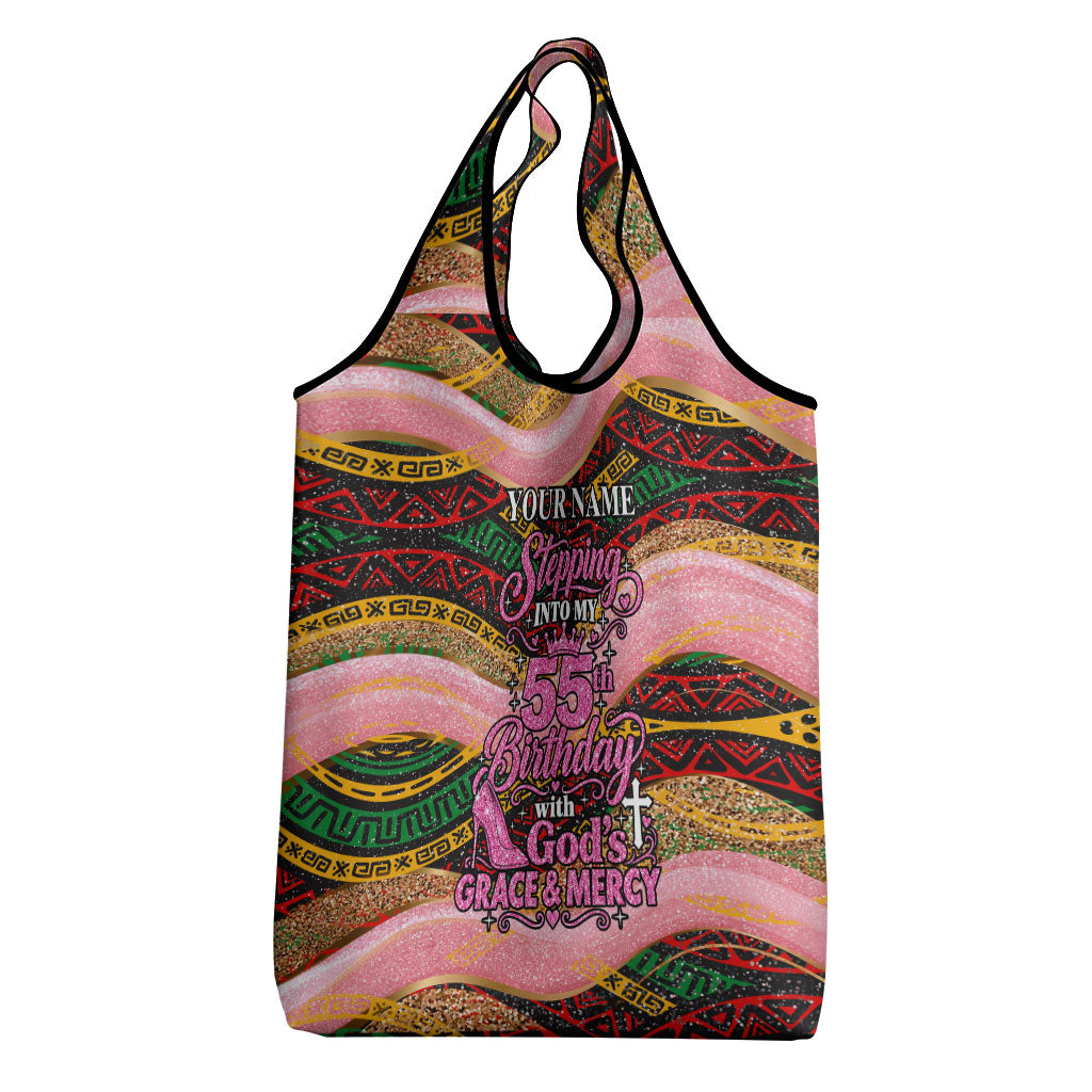 Personalized African Queen Stepping Into My 55th Birthday Grocery Bag Pink Sparkle Glitter Tribal Kente