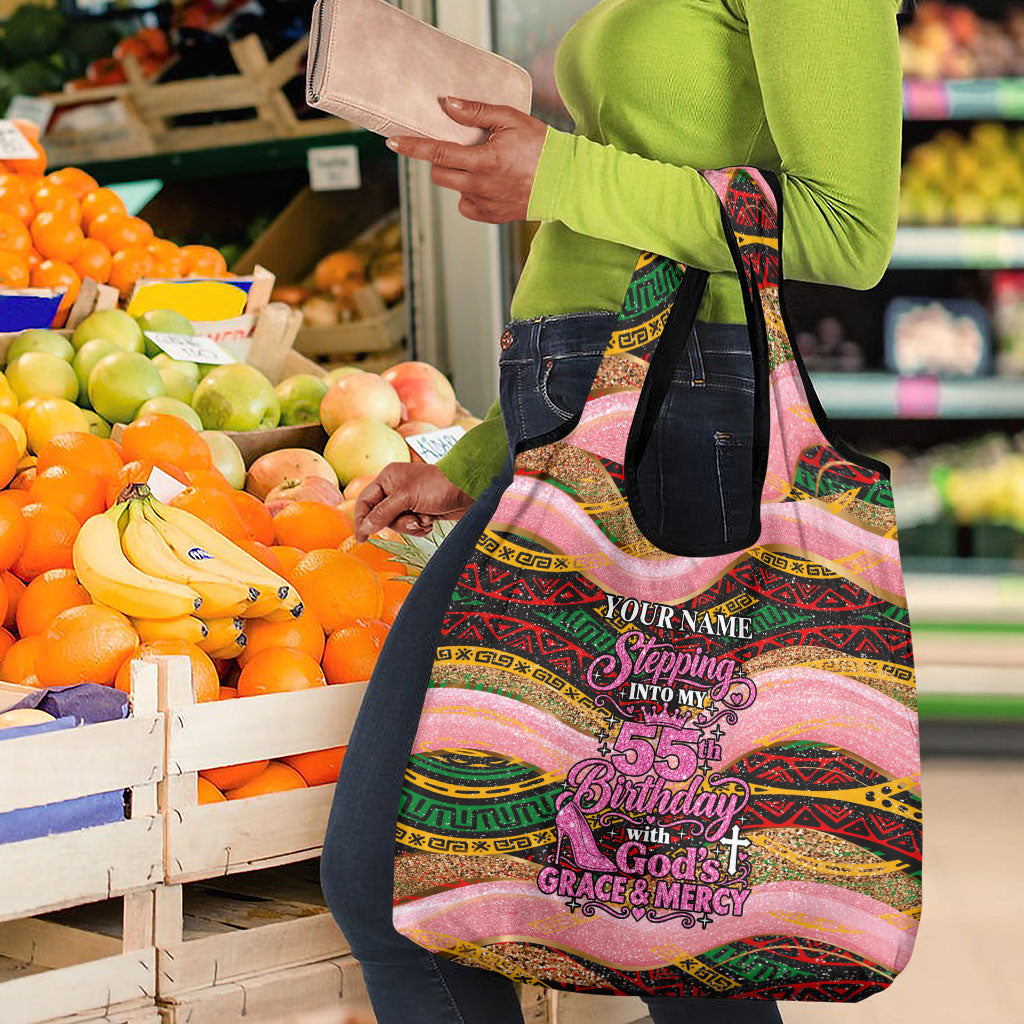 Personalized African Queen Stepping Into My 55th Birthday Grocery Bag Pink Sparkle Glitter Tribal Kente