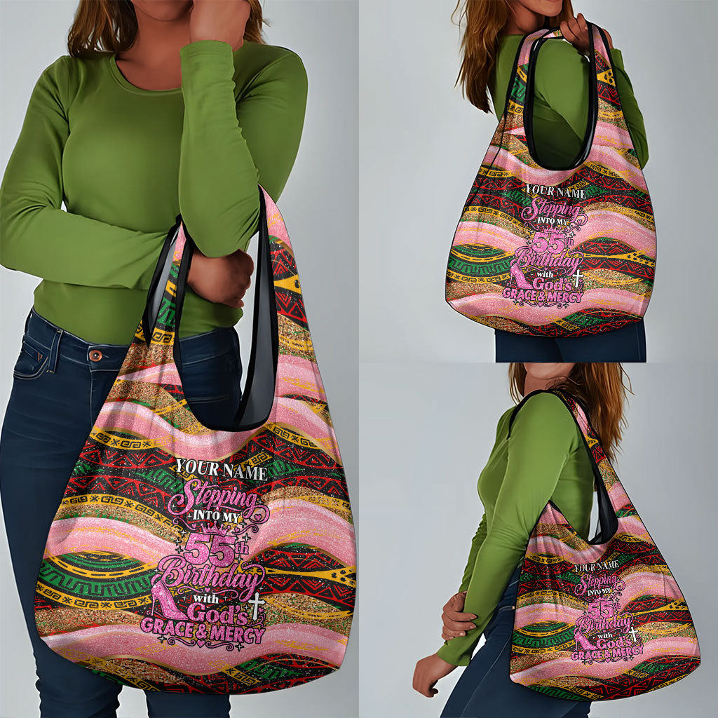 Personalized African Queen Stepping Into My 55th Birthday Grocery Bag Pink Sparkle Glitter Tribal Kente
