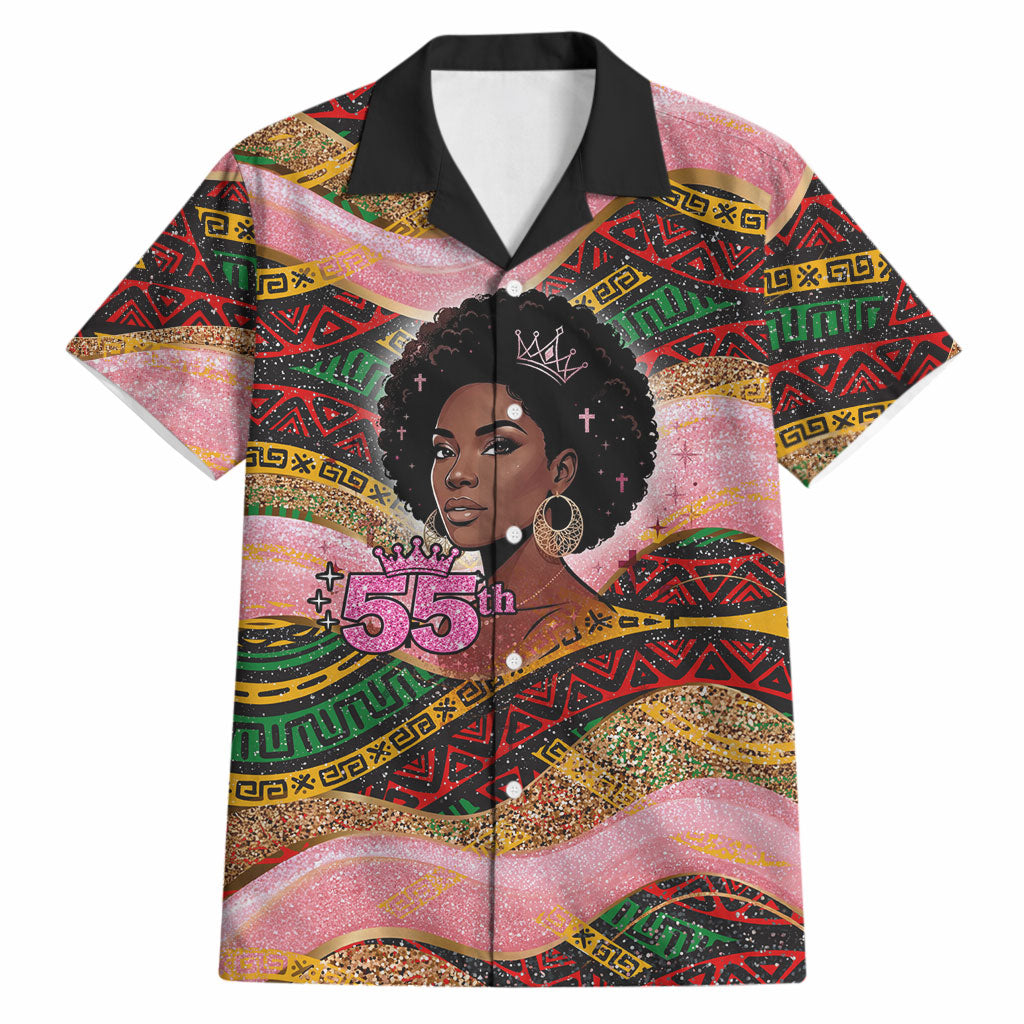 Personalized African Queen Stepping Into My 55th Birthday Hawaiian Shirt Pink Sparkle Glitter Tribal Kente