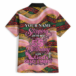 Personalized African Queen Stepping Into My 55th Birthday Hawaiian Shirt Pink Sparkle Glitter Tribal Kente