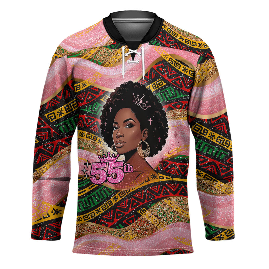 Personalized African Queen Stepping Into My 55th Birthday Hockey Jersey Pink Sparkle Glitter Tribal Kente