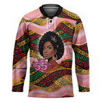 Personalized African Queen Stepping Into My 55th Birthday Hockey Jersey Pink Sparkle Glitter Tribal Kente