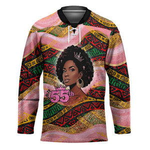 Personalized African Queen Stepping Into My 55th Birthday Hockey Jersey Pink Sparkle Glitter Tribal Kente