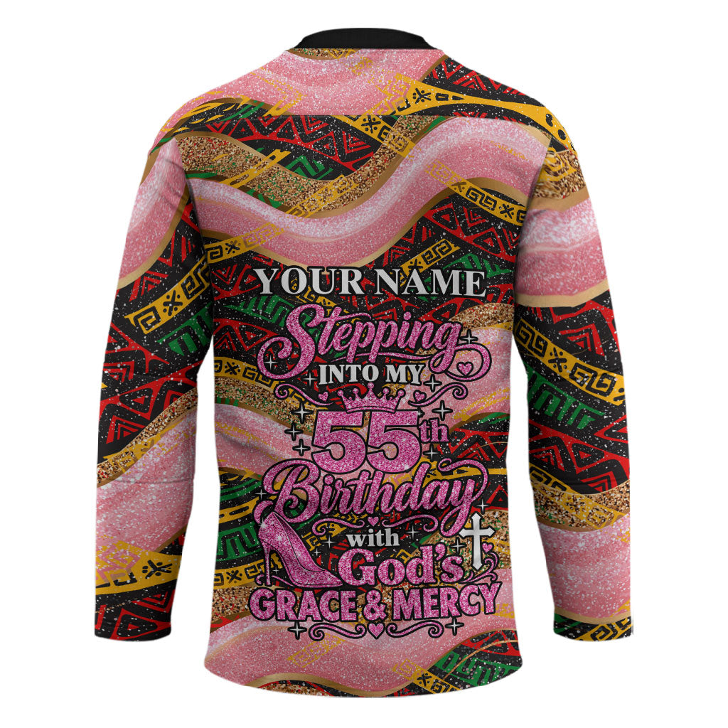 Personalized African Queen Stepping Into My 55th Birthday Hockey Jersey Pink Sparkle Glitter Tribal Kente