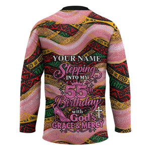 Personalized African Queen Stepping Into My 55th Birthday Hockey Jersey Pink Sparkle Glitter Tribal Kente