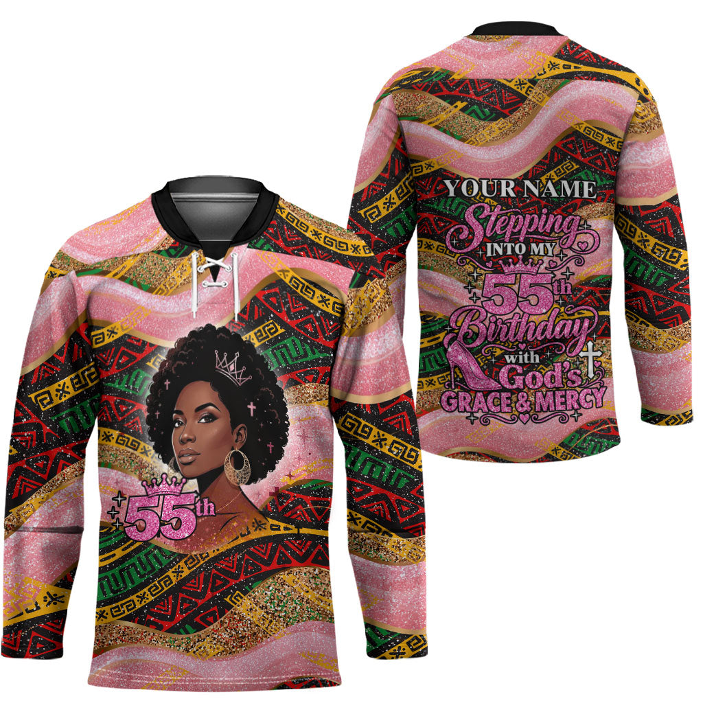 Personalized African Queen Stepping Into My 55th Birthday Hockey Jersey Pink Sparkle Glitter Tribal Kente