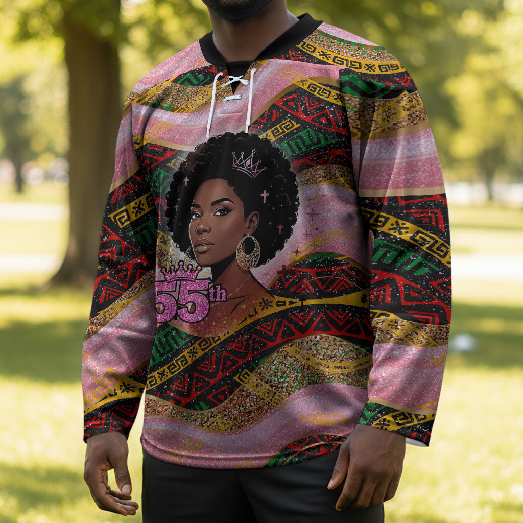 Personalized African Queen Stepping Into My 55th Birthday Hockey Jersey Pink Sparkle Glitter Tribal Kente
