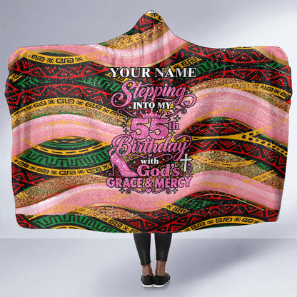 Personalized African Queen Stepping Into My 55th Birthday Hooded Blanket Pink Sparkle Glitter Tribal Kente