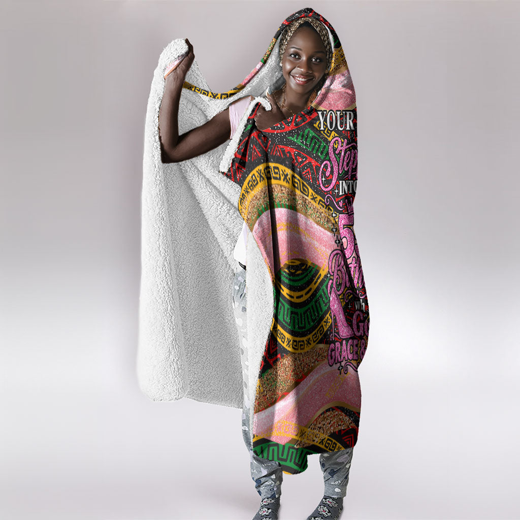 Personalized African Queen Stepping Into My 55th Birthday Hooded Blanket Pink Sparkle Glitter Tribal Kente