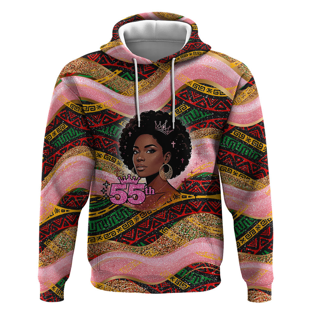 Personalized African Queen Stepping Into My 55th Birthday Hoodie Pink Sparkle Glitter Tribal Kente