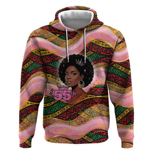 Personalized African Queen Stepping Into My 55th Birthday Hoodie Pink Sparkle Glitter Tribal Kente