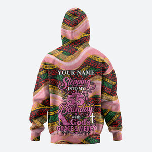 Personalized African Queen Stepping Into My 55th Birthday Hoodie Pink Sparkle Glitter Tribal Kente
