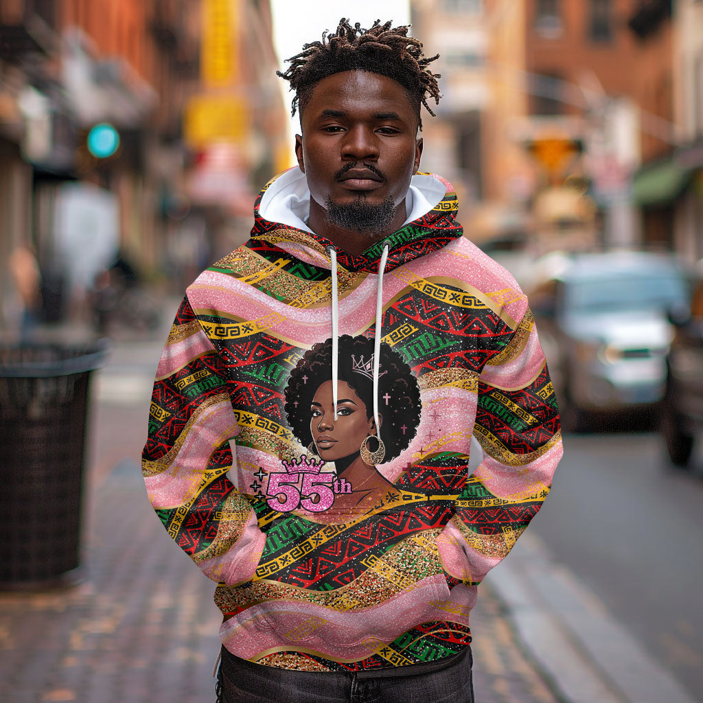 Personalized African Queen Stepping Into My 55th Birthday Hoodie Pink Sparkle Glitter Tribal Kente