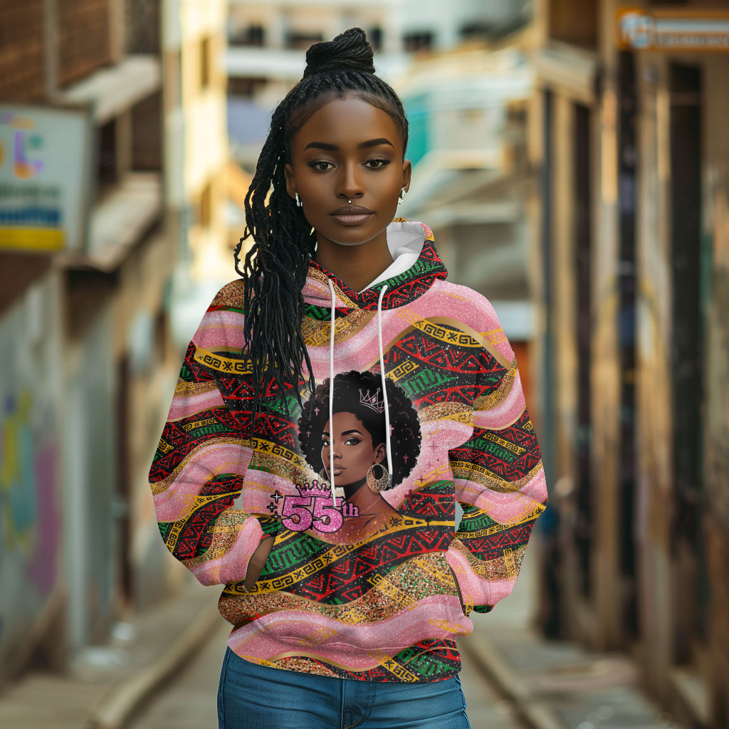 Personalized African Queen Stepping Into My 55th Birthday Hoodie Pink Sparkle Glitter Tribal Kente