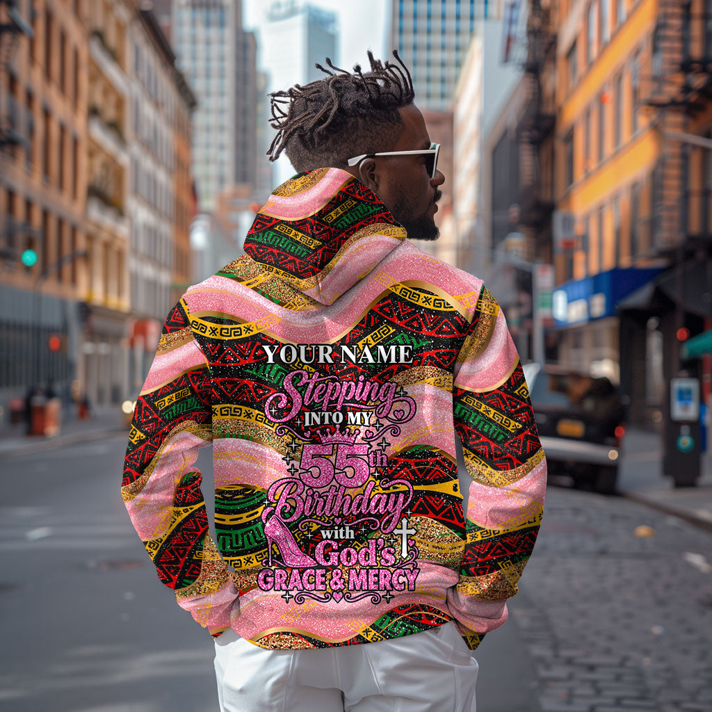 Personalized African Queen Stepping Into My 55th Birthday Hoodie Pink Sparkle Glitter Tribal Kente