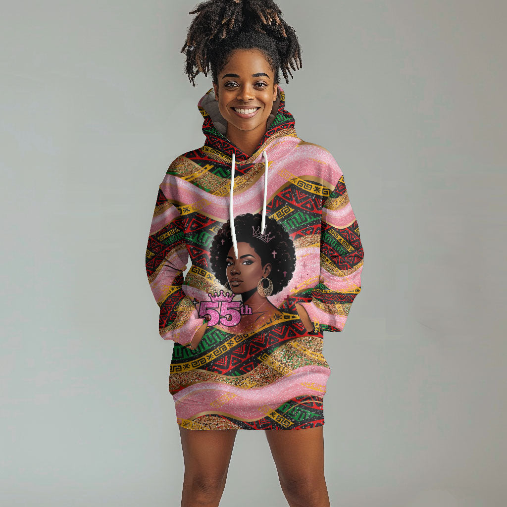 Personalized African Queen Stepping Into My 55th Birthday Hoodie Dress Pink Sparkle Glitter Tribal Kente