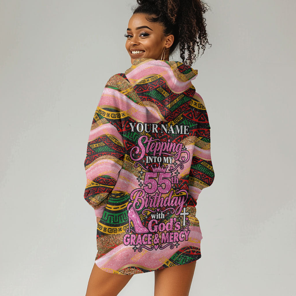 Personalized African Queen Stepping Into My 55th Birthday Hoodie Dress Pink Sparkle Glitter Tribal Kente