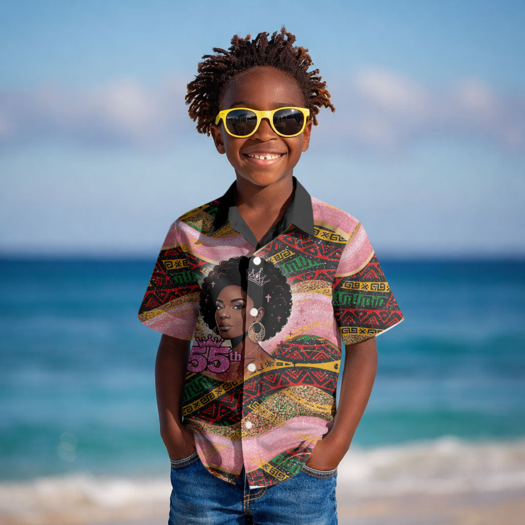 Personalized African Queen Stepping Into My 55th Birthday Kid Hawaiian Shirt Pink Sparkle Glitter Tribal Kente