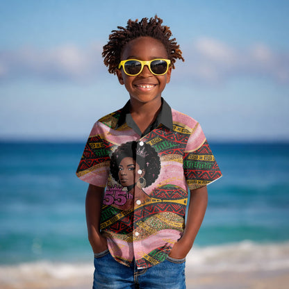 Personalized African Queen Stepping Into My 55th Birthday Kid Hawaiian Shirt Pink Sparkle Glitter Tribal Kente