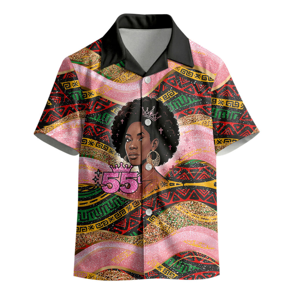 Personalized African Queen Stepping Into My 55th Birthday Kid Hawaiian Shirt Pink Sparkle Glitter Tribal Kente