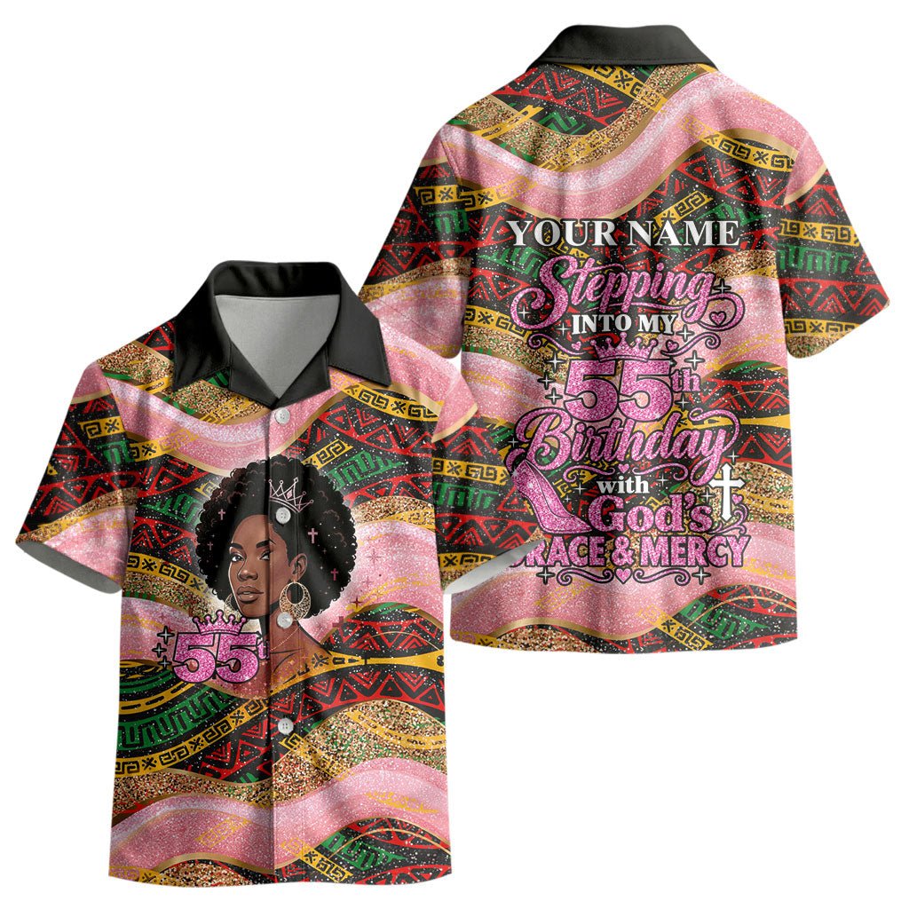 Personalized African Queen Stepping Into My 55th Birthday Kid Hawaiian Shirt Pink Sparkle Glitter Tribal Kente