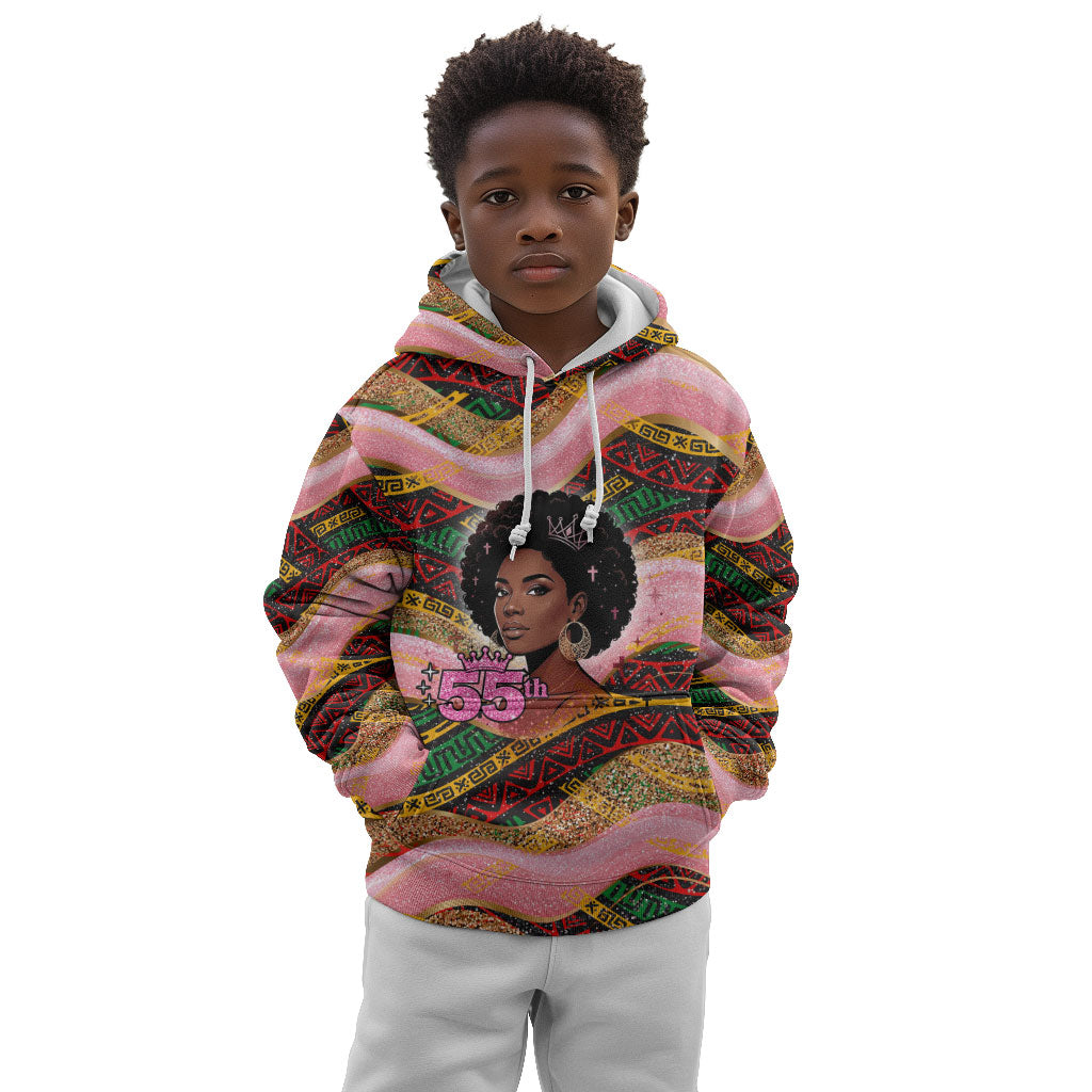 Personalized African Queen Stepping Into My 55th Birthday Kid Hoodie Pink Sparkle Glitter Tribal Kente