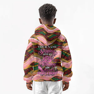 Personalized African Queen Stepping Into My 55th Birthday Kid Hoodie Pink Sparkle Glitter Tribal Kente