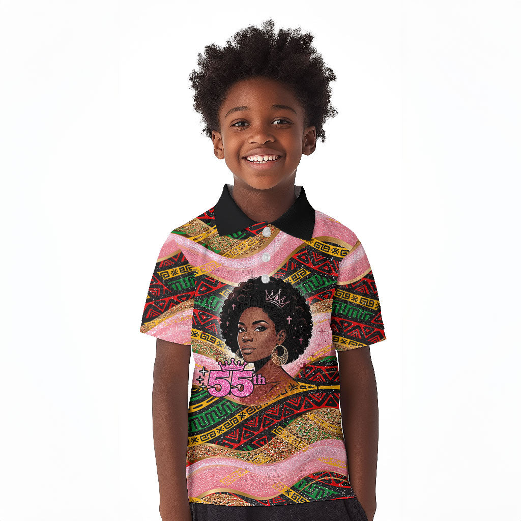 Personalized African Queen Stepping Into My 55th Birthday Kid Polo Shirt Pink Sparkle Glitter Tribal Kente