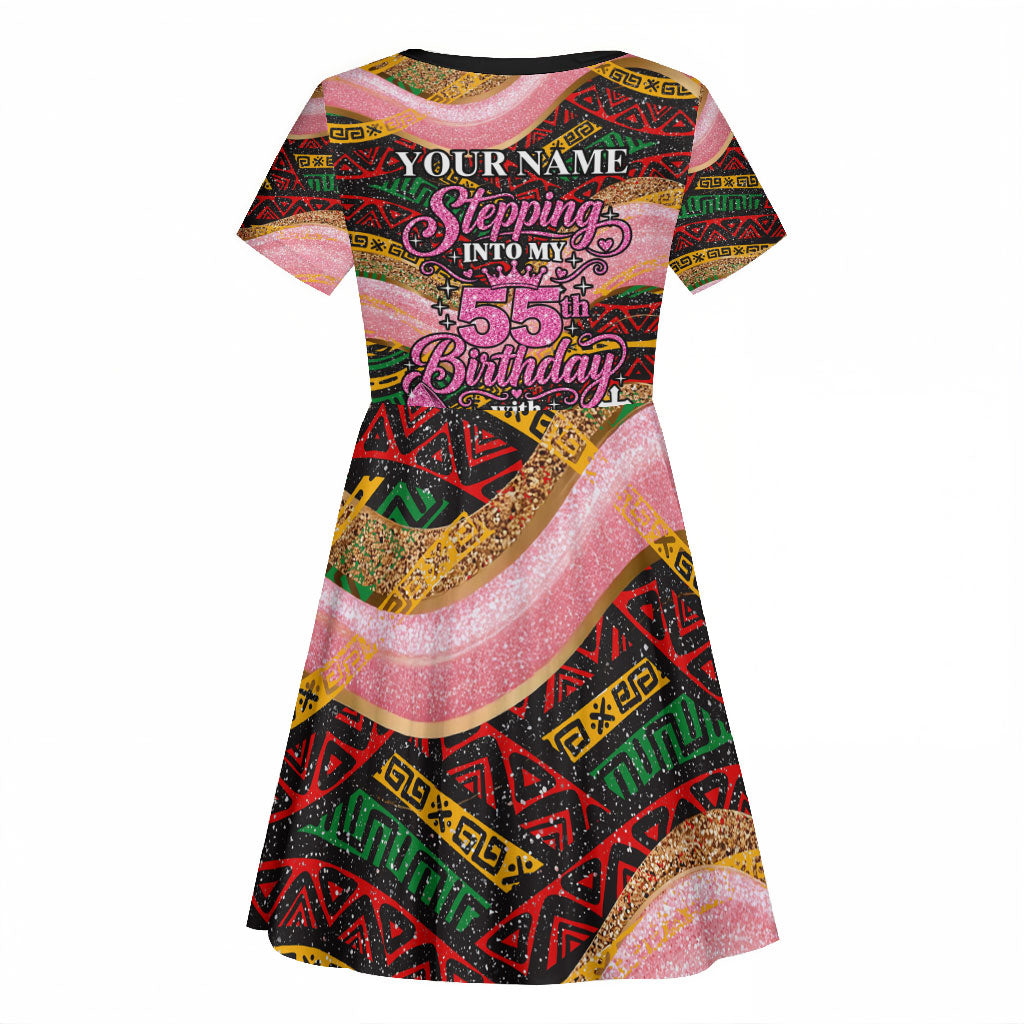 Personalized African Queen Stepping Into My 55th Birthday Kid Short Sleeve Dress Pink Sparkle Glitter Tribal Kente