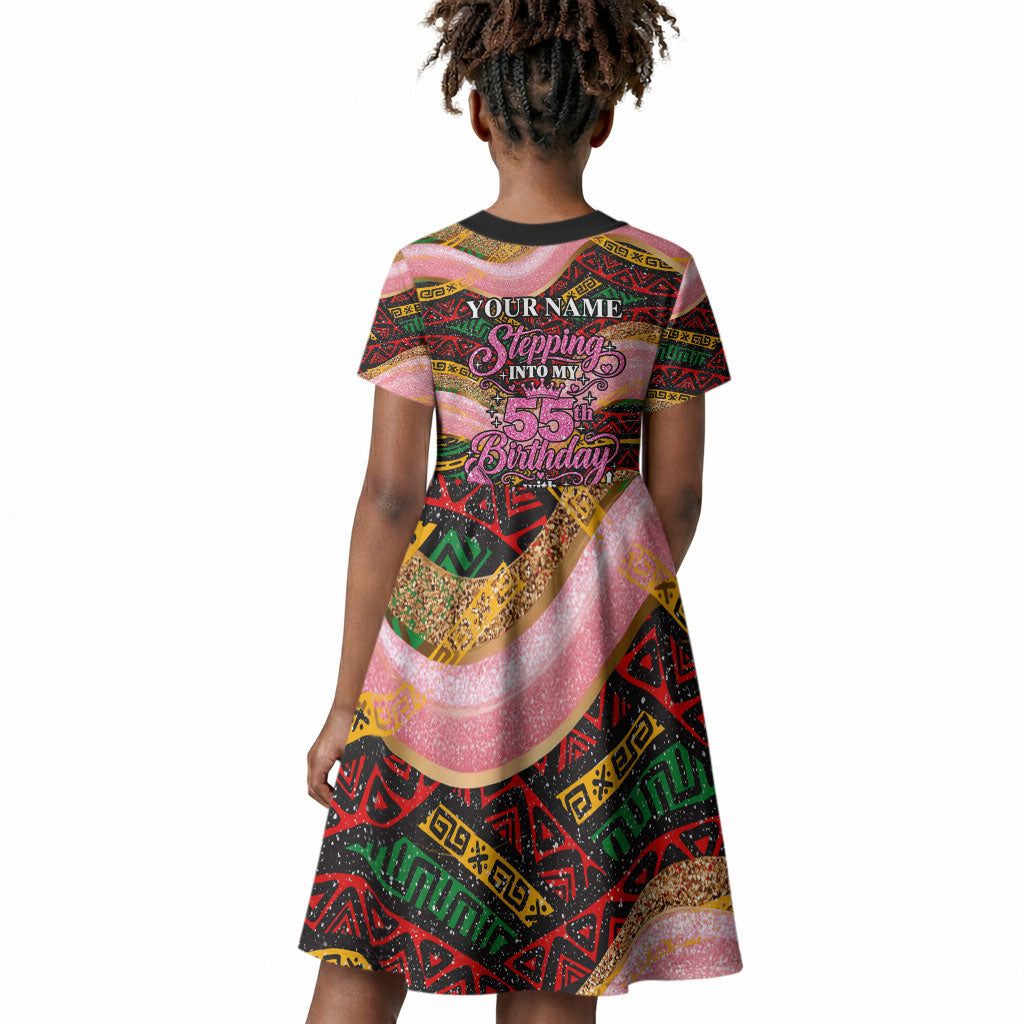 Personalized African Queen Stepping Into My 55th Birthday Kid Short Sleeve Dress Pink Sparkle Glitter Tribal Kente