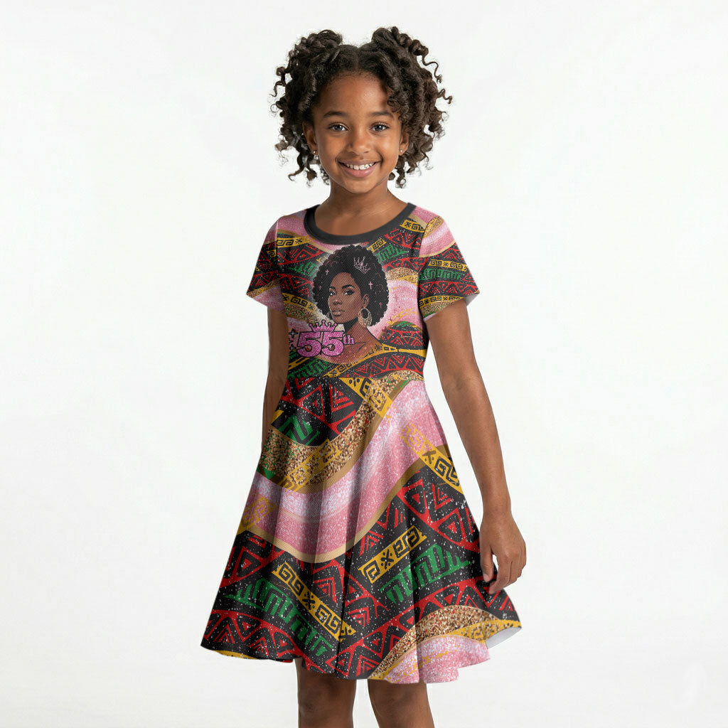 Personalized African Queen Stepping Into My 55th Birthday Kid Short Sleeve Dress Pink Sparkle Glitter Tribal Kente