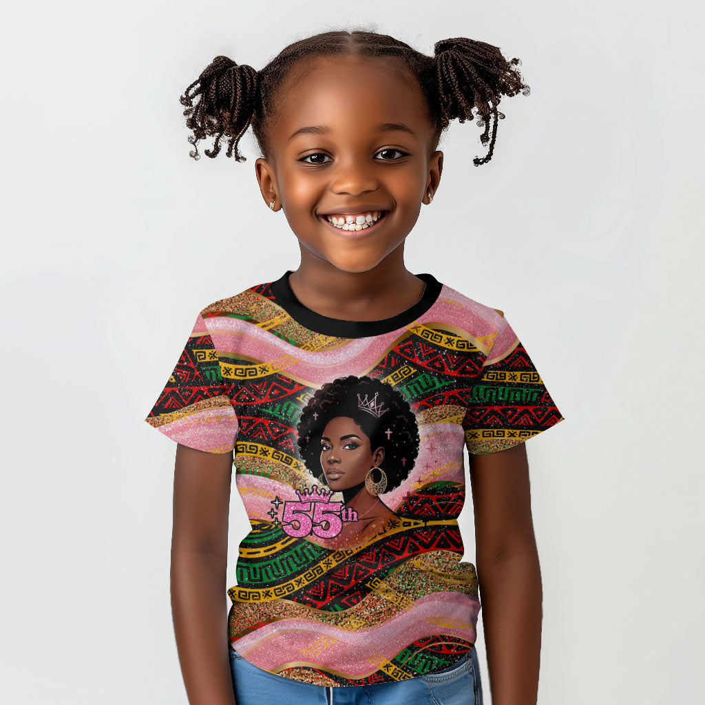 Personalized African Queen Stepping Into My 55th Birthday Kid T shirt Pink Sparkle Glitter Tribal Kente