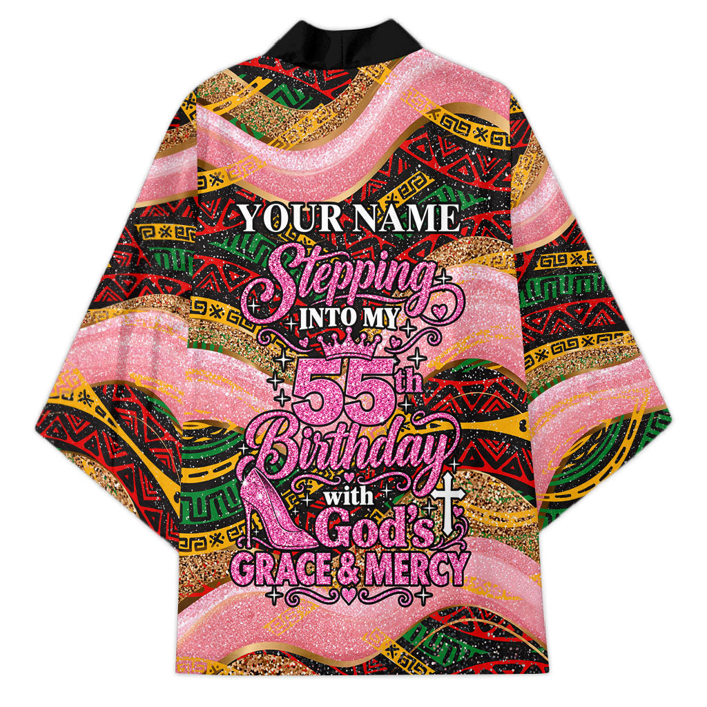 Personalized African Queen Stepping Into My 55th Birthday Kimono Pink Sparkle Glitter Tribal Kente