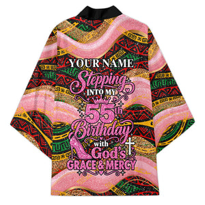 Personalized African Queen Stepping Into My 55th Birthday Kimono Pink Sparkle Glitter Tribal Kente