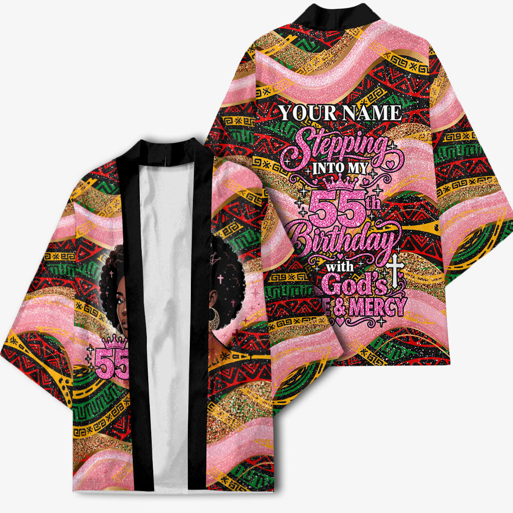 Personalized African Queen Stepping Into My 55th Birthday Kimono Pink Sparkle Glitter Tribal Kente
