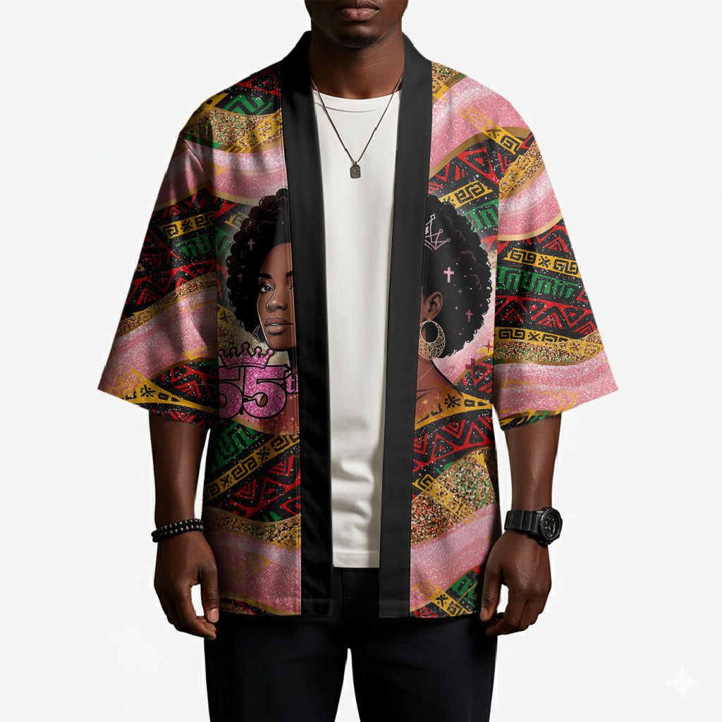 Personalized African Queen Stepping Into My 55th Birthday Kimono Pink Sparkle Glitter Tribal Kente