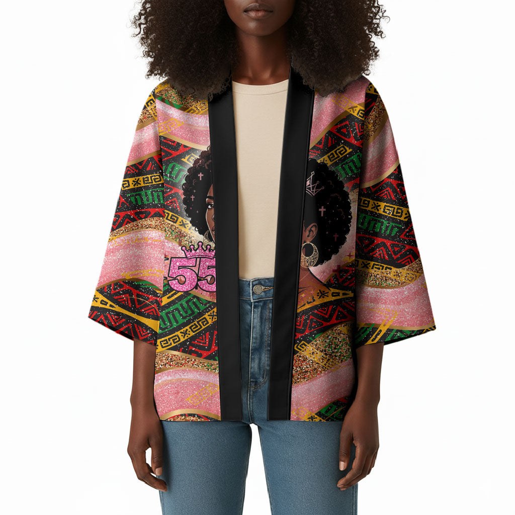 Personalized African Queen Stepping Into My 55th Birthday Kimono Pink Sparkle Glitter Tribal Kente