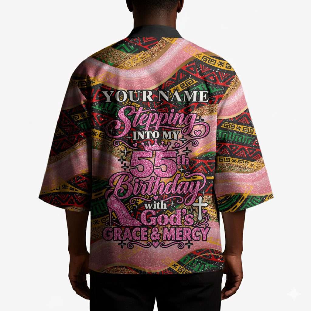 Personalized African Queen Stepping Into My 55th Birthday Kimono Pink Sparkle Glitter Tribal Kente