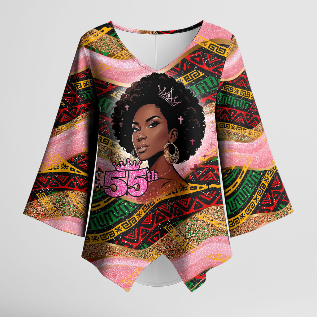 Personalized African Queen Stepping Into My 55th Birthday Kimono Sleeve Blouse Pink Sparkle Glitter Tribal Kente