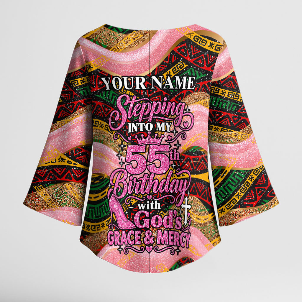 Personalized African Queen Stepping Into My 55th Birthday Kimono Sleeve Blouse Pink Sparkle Glitter Tribal Kente