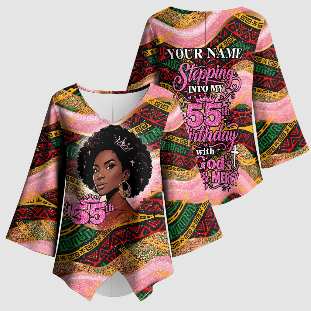 Personalized African Queen Stepping Into My 55th Birthday Kimono Sleeve Blouse Pink Sparkle Glitter Tribal Kente