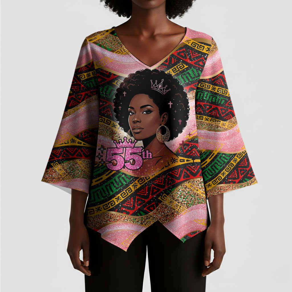 Personalized African Queen Stepping Into My 55th Birthday Kimono Sleeve Blouse Pink Sparkle Glitter Tribal Kente