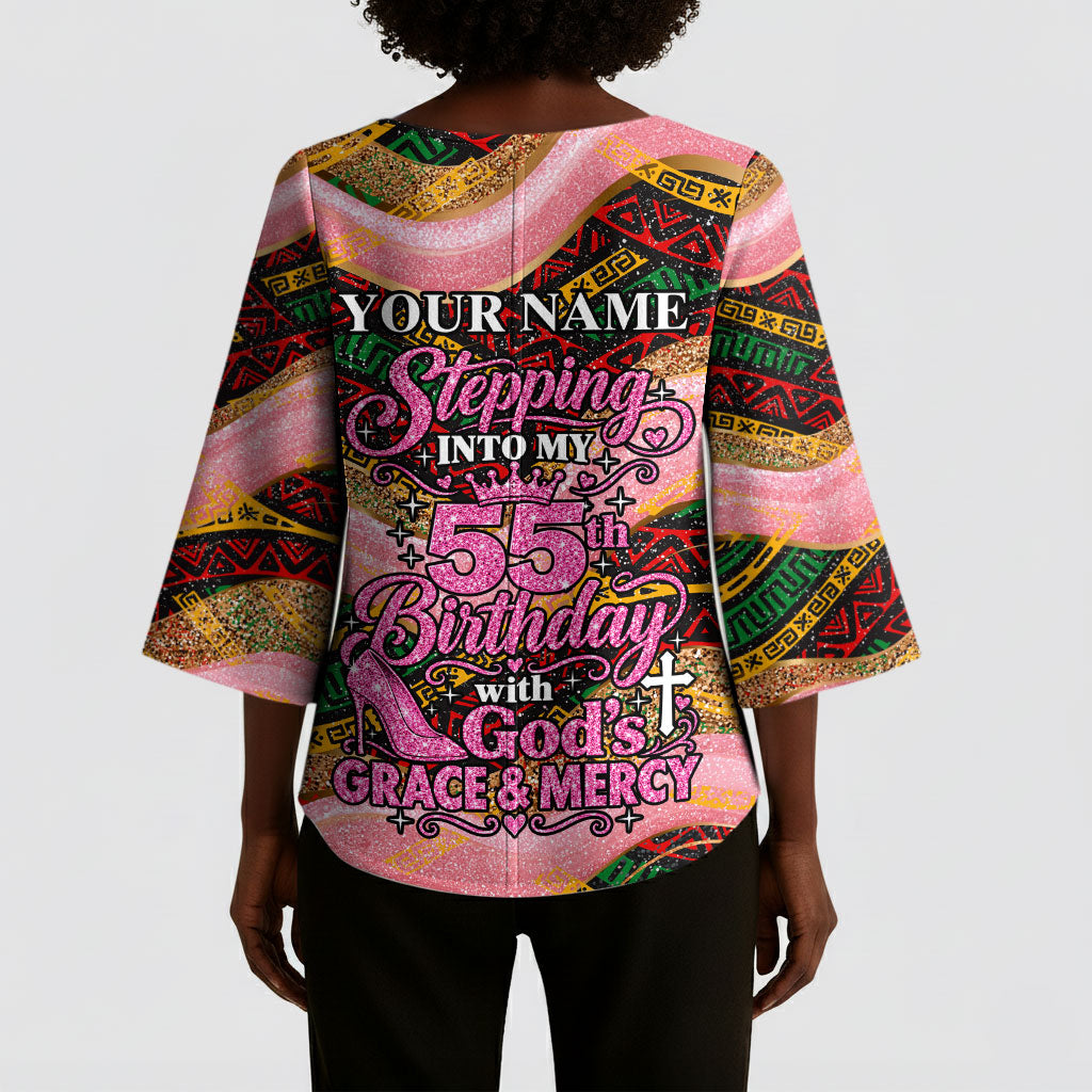 Personalized African Queen Stepping Into My 55th Birthday Kimono Sleeve Blouse Pink Sparkle Glitter Tribal Kente