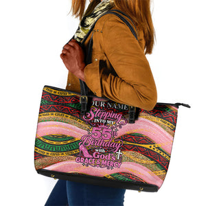 Personalized African Queen Stepping Into My 55th Birthday Leather Tote Bag Pink Sparkle Glitter Tribal Kente