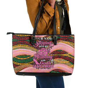 Personalized African Queen Stepping Into My 55th Birthday Leather Tote Bag Pink Sparkle Glitter Tribal Kente
