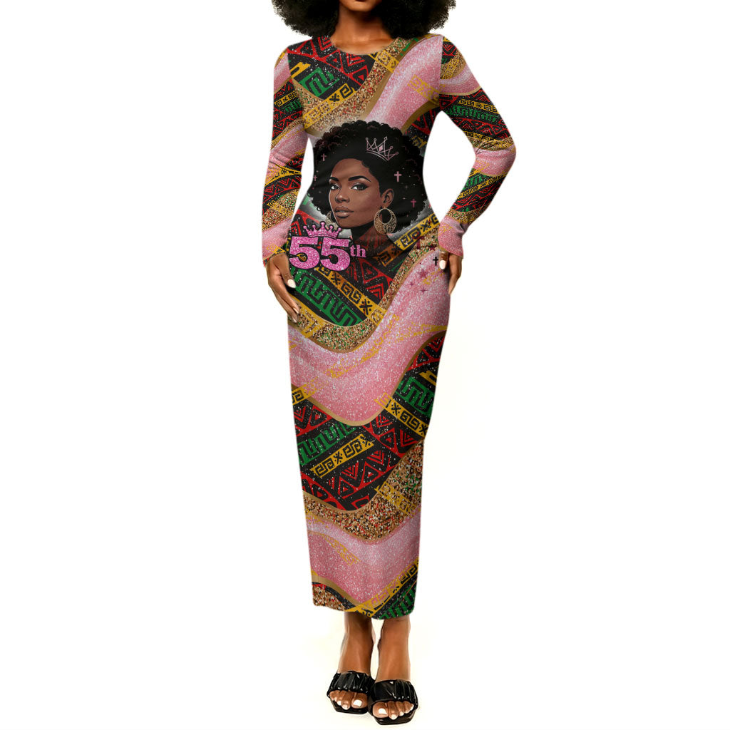 Personalized African Queen Stepping Into My 55th Birthday Long Sleeve Bodycon Dress Pink Sparkle Glitter Tribal Kente