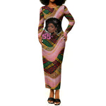 Personalized African Queen Stepping Into My 55th Birthday Long Sleeve Bodycon Dress Pink Sparkle Glitter Tribal Kente